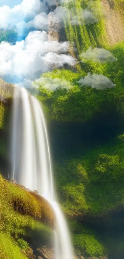 Cascading waterfall amidst lush green landscape on mobile wallpaper.