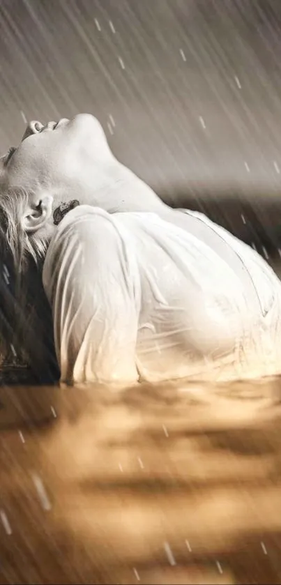 Serene woman in sepia river with gentle rain.