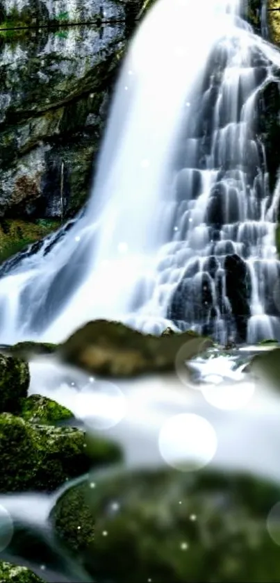 Serene waterfall with lush green forest, perfect for mobile wallpaper.