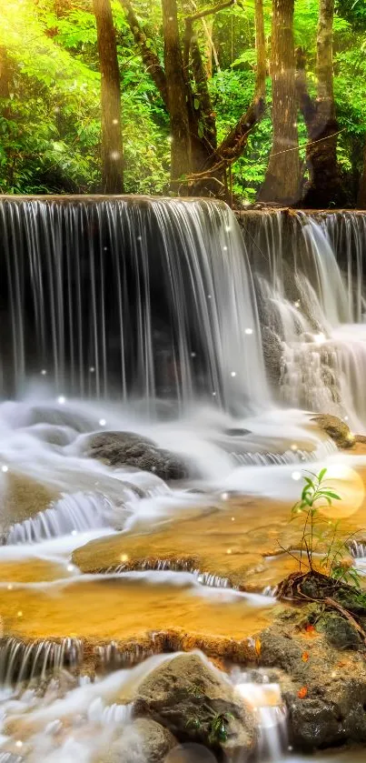 Serene waterfall with lush forest and sunlit greenery.