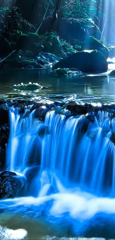 A serene blue waterfall in a lush forest setting.