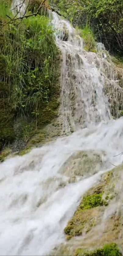 Serene waterfall in lush forest setting mobile wallpaper.