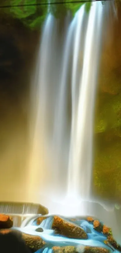 Serene waterfall with lush green background on mobile wallpaper.