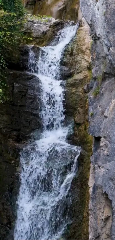 Serene waterfall cascading down rocks in a lush natural setting.