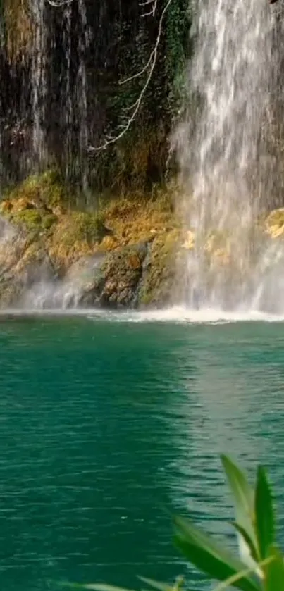 Serene waterfall cascading into a teal pool with lush greenery.