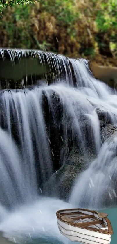 A serene waterfall in a lush forest setting for mobile wallpaper.