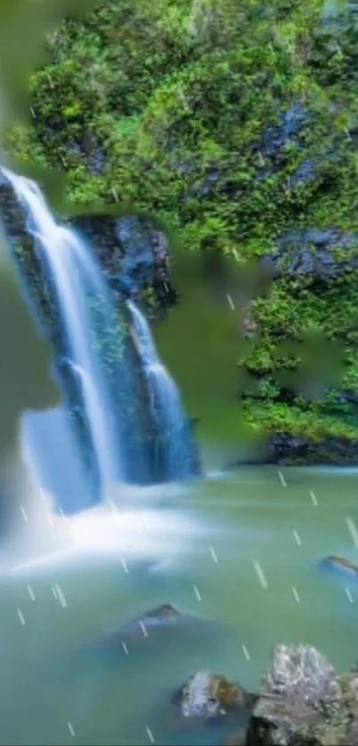 Serene waterfall and lush green forest mobile wallpaper.