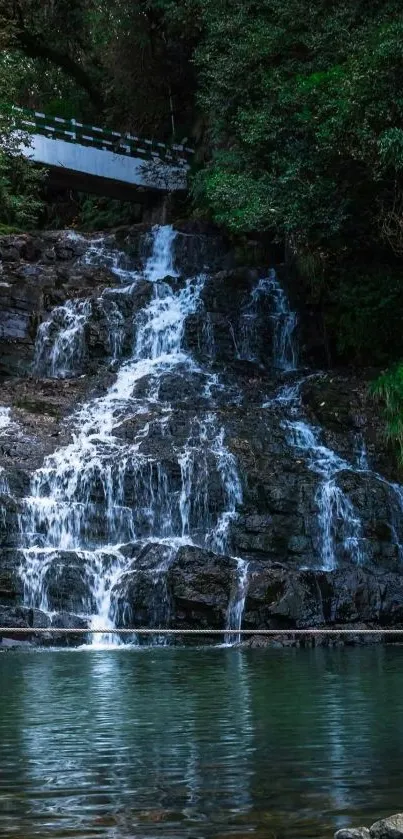 Serene waterfall in a lush forest setting, ideal for calming backgrounds.