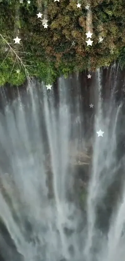 Waterfall cascading down with lush greenery at top and star effects.