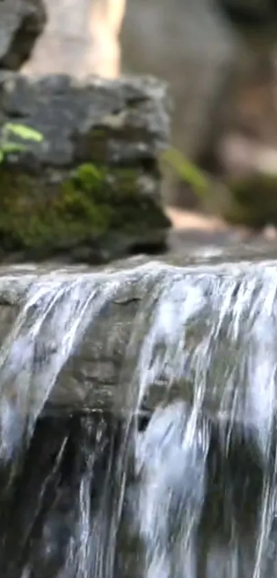 Serene waterfall over rocks with lush moss.