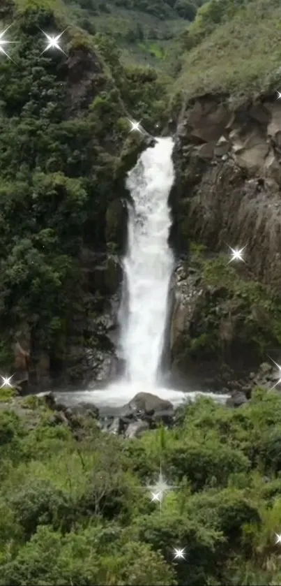 Waterfall amid vibrant greenery with twinkling sparkles.