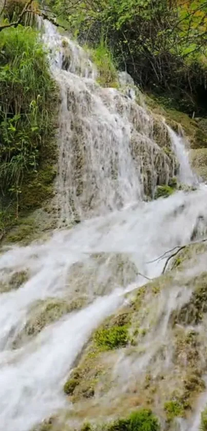 Mobile wallpaper with a serene waterfall and mossy rocks.