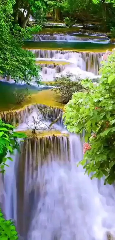 A serene waterfall surrounded by lush greenery and vibrant foliage.