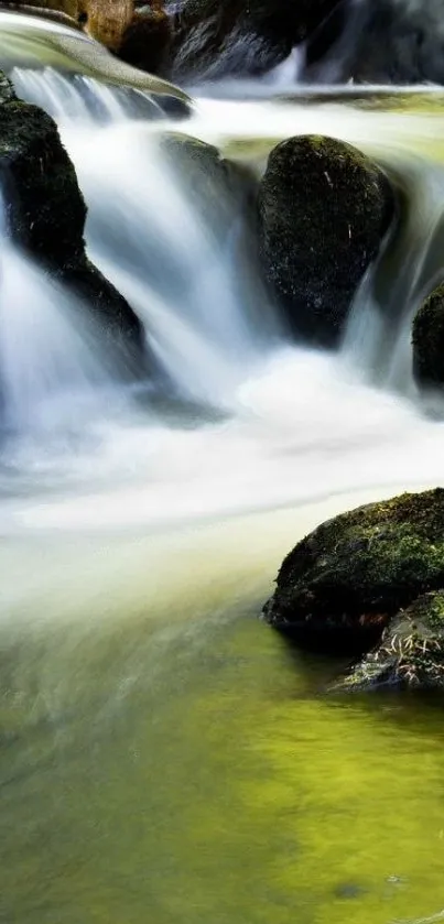 Serene waterfall with lush greenery in a mobile wallpaper.