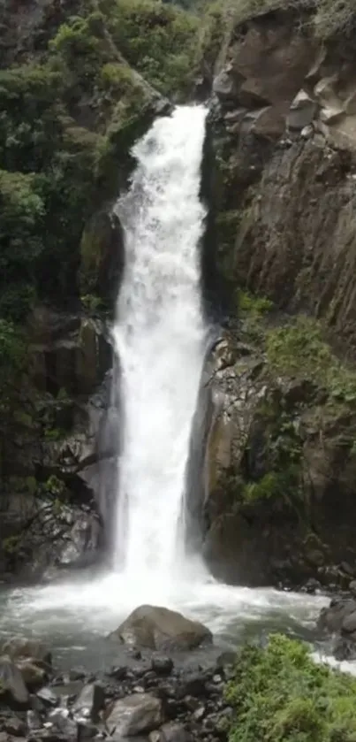 Serene waterfall amid lush greenery and rocky landscape.