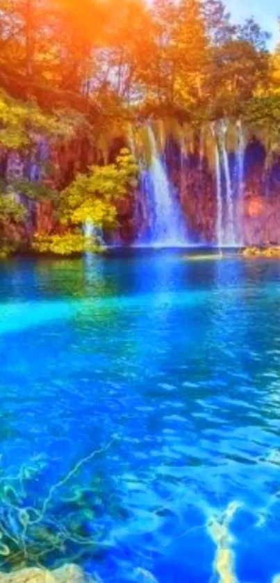 Stunning mobile wallpaper of a blue waterfall with lush greenery.