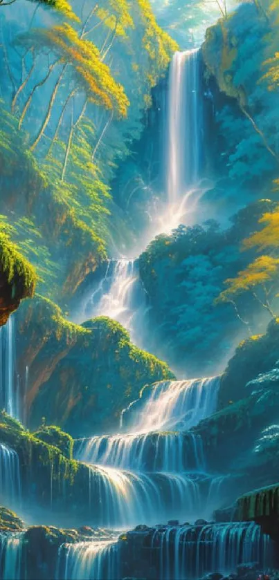 Serene forest waterfall with lush green surroundings.