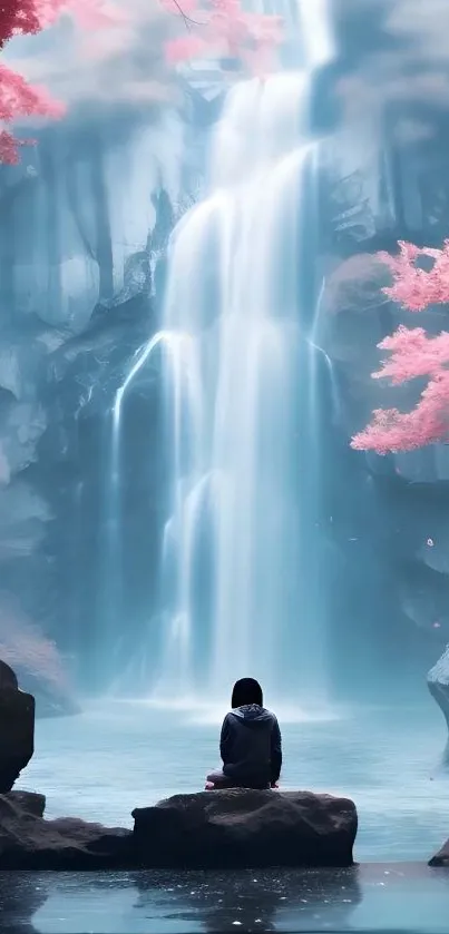 Peaceful waterfall scene with pink blossoms and serene atmosphere.