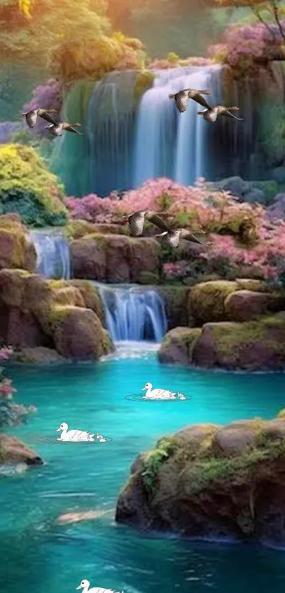 Serene waterfall with turquoise water and vibrant landscape.