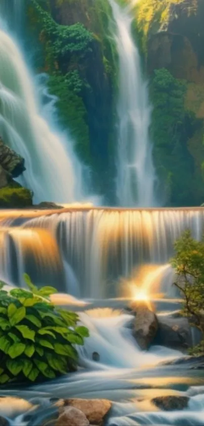 Serene waterfall with lush greenery, perfect for peaceful mobile wallpaper.