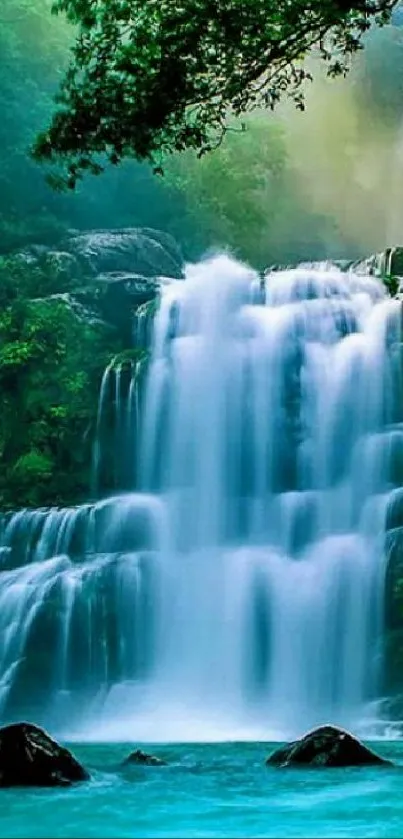 Serene waterfall with lush greenery and cascading waters in vibrant scenery.