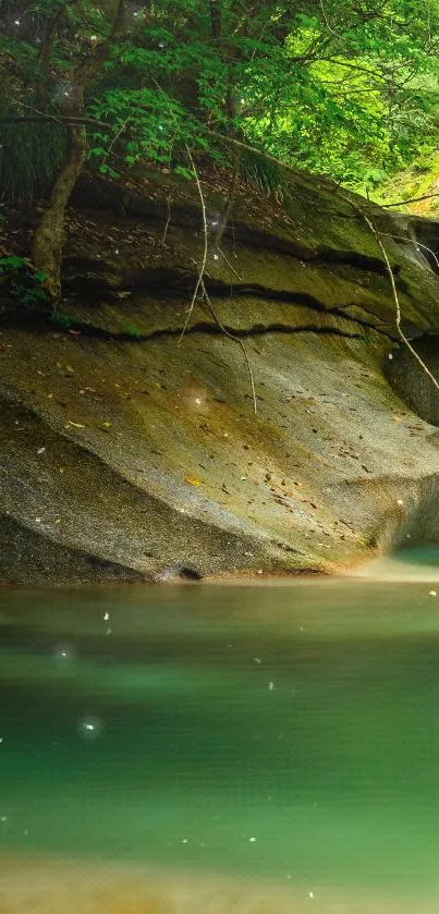 Serene waterfall with lush greenery and tranquil waters.