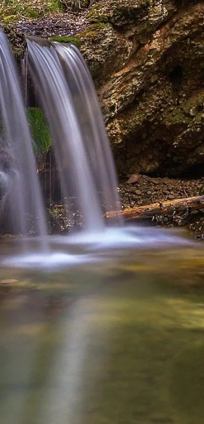 Serene waterfall amidst rocky forest scenery on a mobile wallpaper.