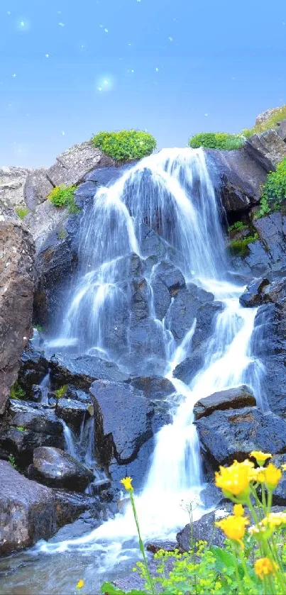 A serene waterfall surrounded by rocks, flowers, and vibrant greenery under a blue sky.