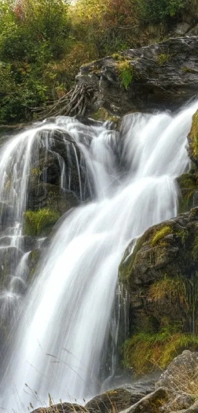 Serene waterfall cascading over rocks with lush green foliage in the background.