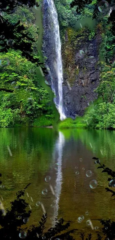 Waterfall amidst lush greenery with water reflection and leafy frame.