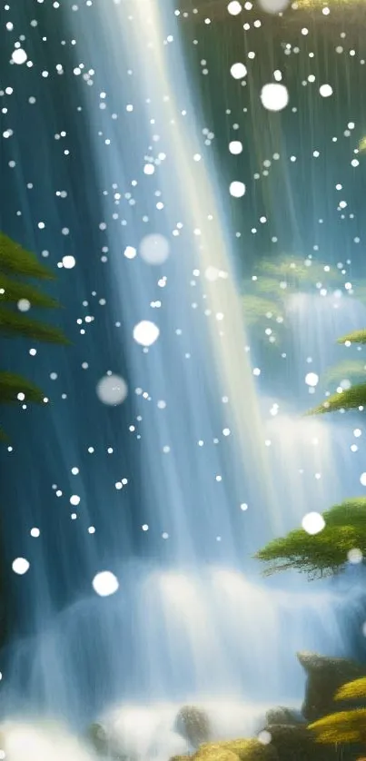 A serene waterfall with lush green plants in a sunlit forest setting.