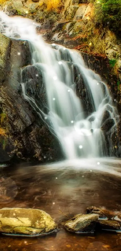 Serene waterfall with lush greenery and rocks in a tranquil setting.