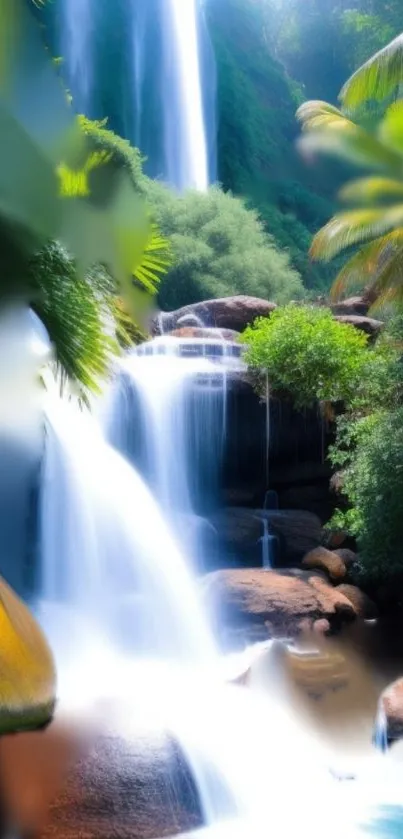 Serene waterfall with lush greenery and cascading water for mobile wallpaper.