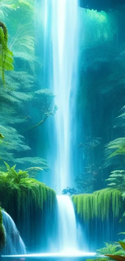 Serene waterfall surrounded by lush greenery.