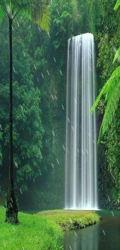 Serene waterfall in lush green forest wallpaper.