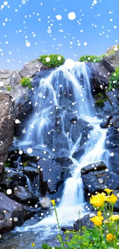 Serene waterfall cascading down rocks with vibrant greenery and flowers.