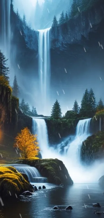 Serene waterfall cascades amidst autumn forest and misty mountains.