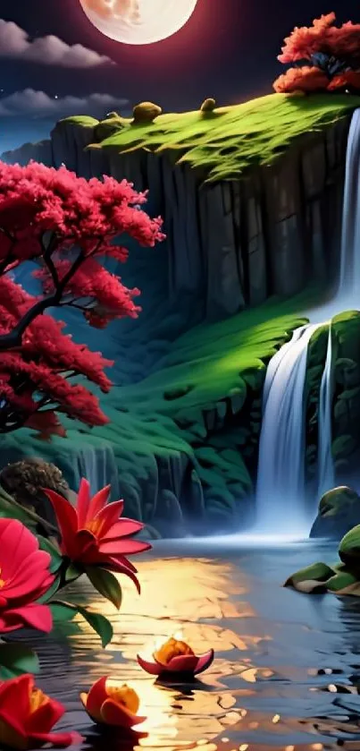 Serene waterfall under moonlight with vibrant flowers and lush greenery.