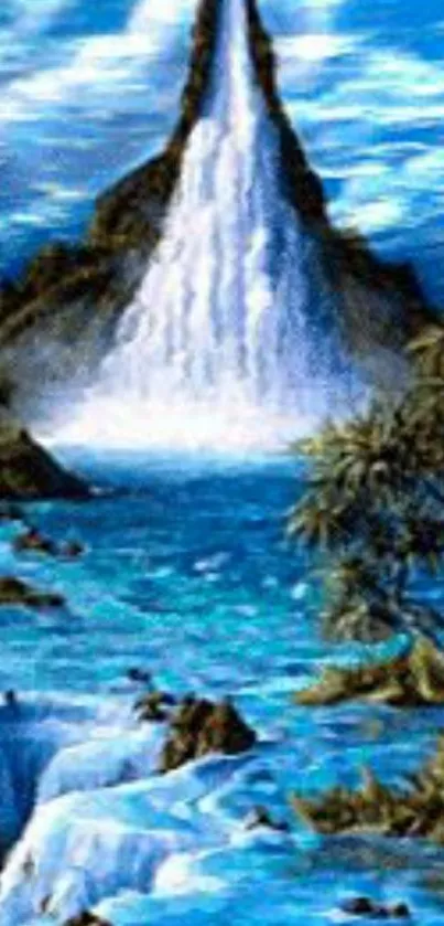 Artistic depiction of a majestic waterfall flowing from a mountain with vibrant blue tones.