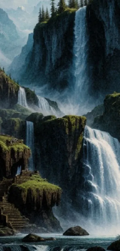 Serene mountain waterfall flowing through lush greenery.
