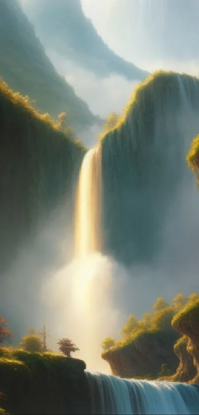 Majestic waterfall cascading through lush green mountains, creating a serene scene.