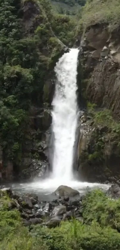 Waterfall cascading through lush green cliffs