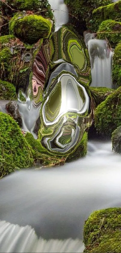 Digital art of a serene waterfall with mossy rocks and cascading water.