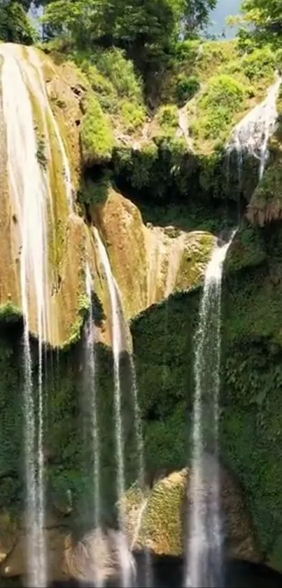 Calming waterfall scene with lush greenery and cascading water.