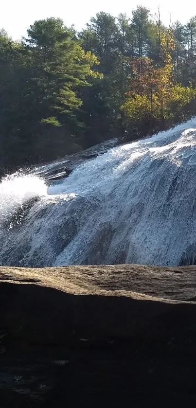 Waterfall cascading down a rocky slope surrounded by lush forest.