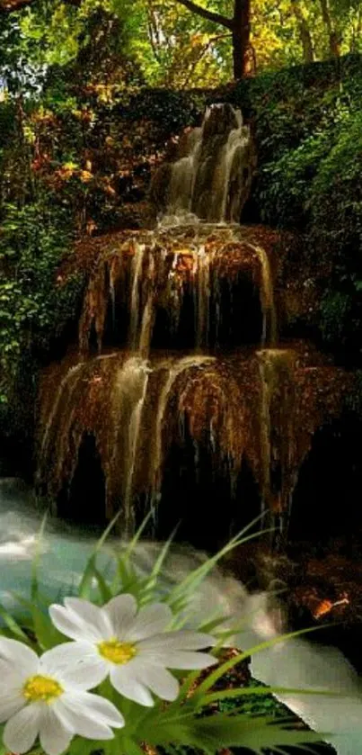 Lush green forest with waterfall and white flowers.