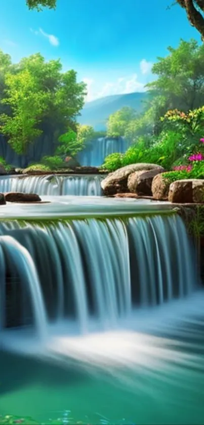 Beautiful waterfall with lush green scenery under a bright blue sky.