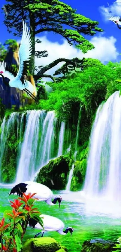 Vibrant waterfall with lush greenery and flying birds in a serene setting.