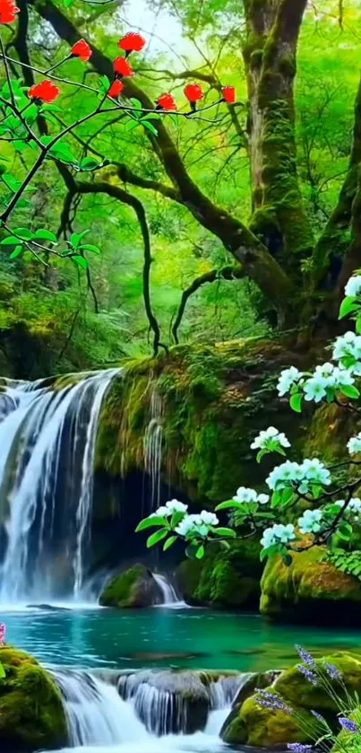 Lush green surrounding waterfall with colorful blossoms.