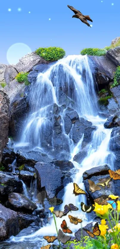 Mobile wallpaper of a tranquil waterfall with butterflies and blue sky.